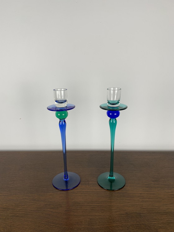 Image 1 of Duo Of Blue And Green Vintage Glass Candle Holder