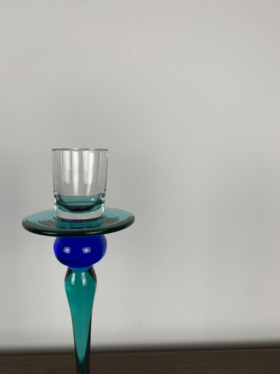 Image 1 of Duo Of Blue And Green Vintage Glass Candle Holder