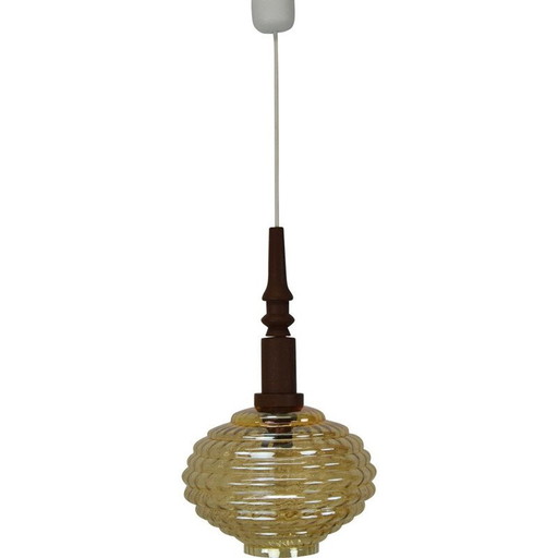 Vintage glass and wood pendant lamp, Czechoslovakia 1960