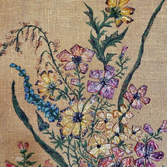 Image 1 of Vintage painting with diamond glass Bouquet by Thérèse Hémery, France 1970s