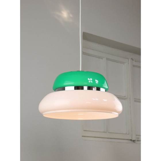 Image 1 of Lampada da soffitto vintage Space Age in vetro acrilico bianco e verde, Italia 1970