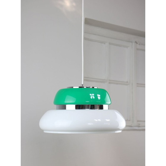 Image 1 of Lampada da soffitto vintage Space Age in vetro acrilico bianco e verde, Italia 1970