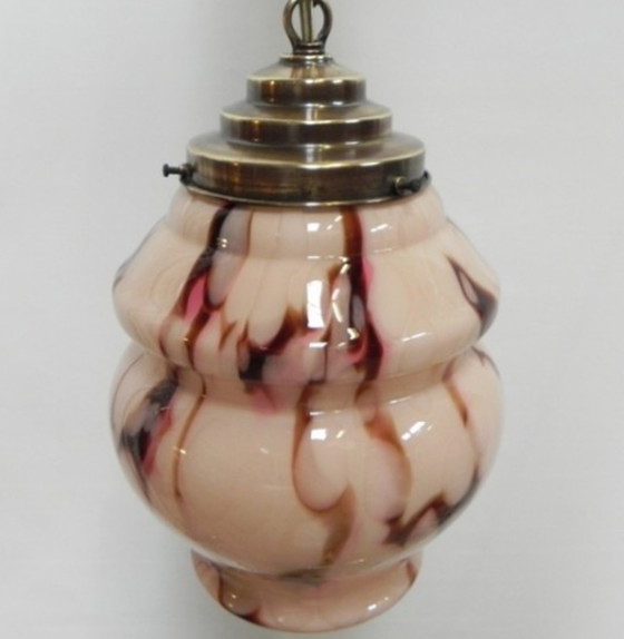 Image 1 of Art deco hanging lamp with marbled salmon-coloured shade