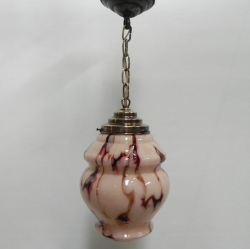 Art deco hanging lamp with marbled salmon-coloured shade