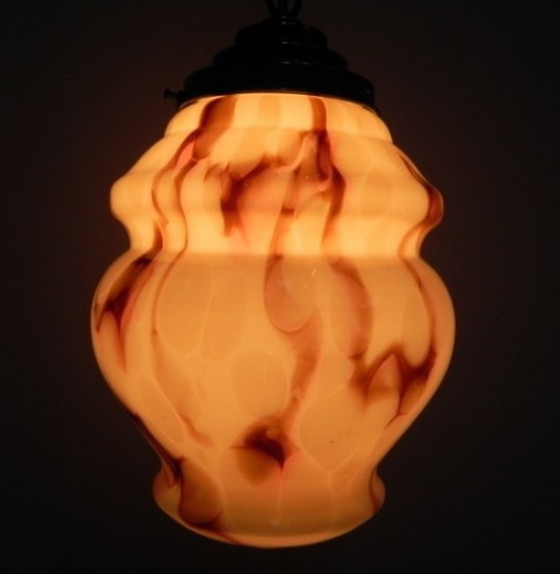 Image 1 of Art deco hanging lamp with marbled salmon-coloured shade