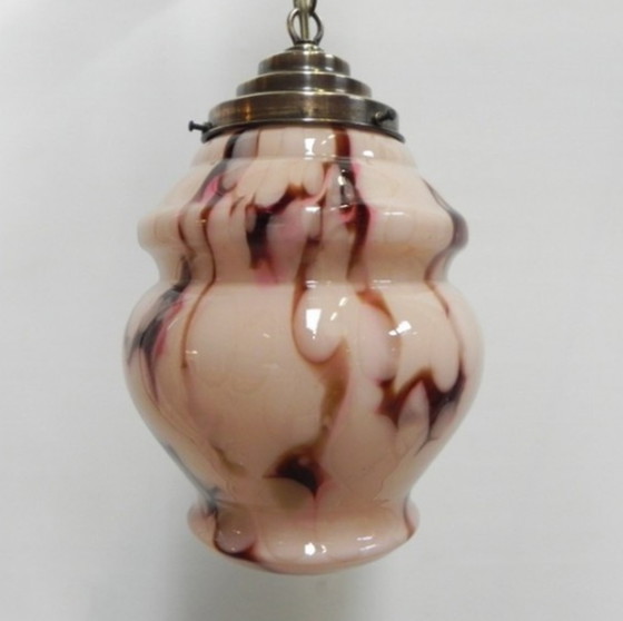 Image 1 of Art deco hanging lamp with marbled salmon-coloured shade