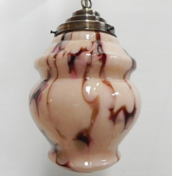 Image 1 of Art deco hanging lamp with marbled salmon-coloured shade