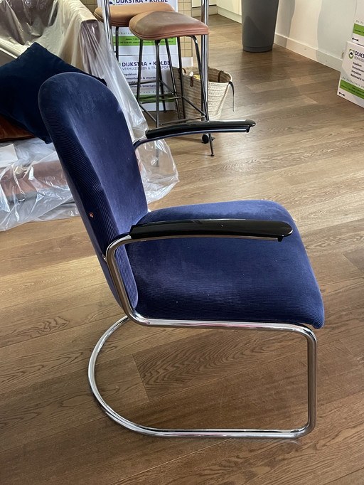 6x Gebr. Van der Stroom Dutch Originals Gispen 413RL sillas de comedor de pana azul oscuro Gispen