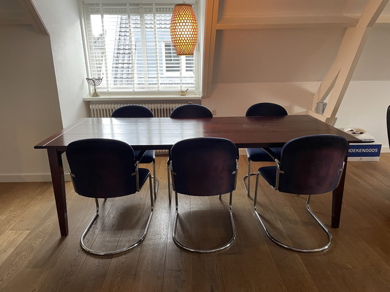 Image 1 of 6x Gebr. sedie da pranzo van der Stroom Dutch Originals Gispen 413RL in velluto a coste blu scuro Gispen