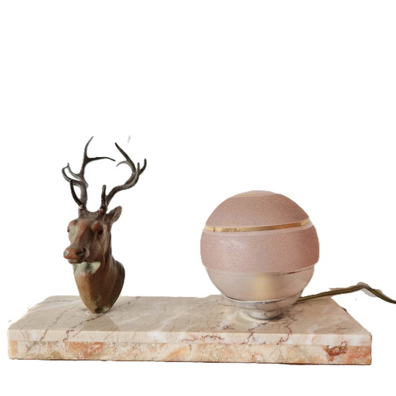 Image 1 of Art Deco table lamp with deer and pink marble