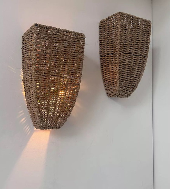 Image 1 of Lampada da parete vintage 2X, rattan intrecciato, Francia 1980
