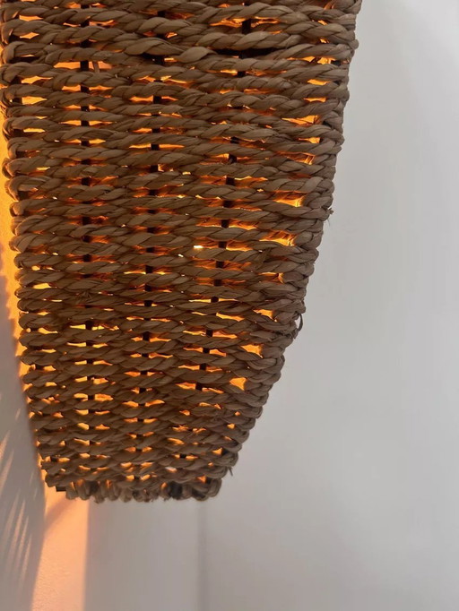 2X Vintage Wall Lamp, Woven Rattan, France 1980