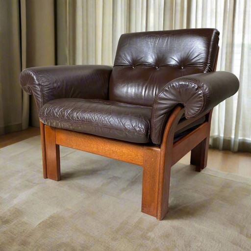 Mid - Century Brown Leather Armchair Oak Frame