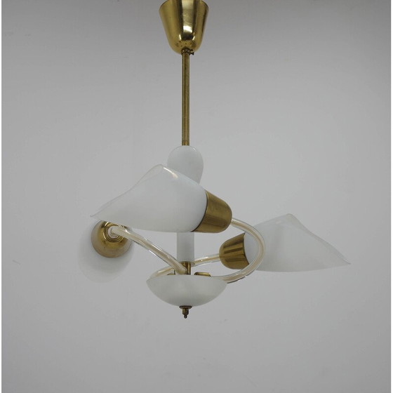Image 1 of Vintage glass and brass chandelier with 3 flames, Czechoslovakia 1950