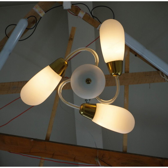 Image 1 of Vintage glass and brass chandelier with 3 flames, Czechoslovakia 1950