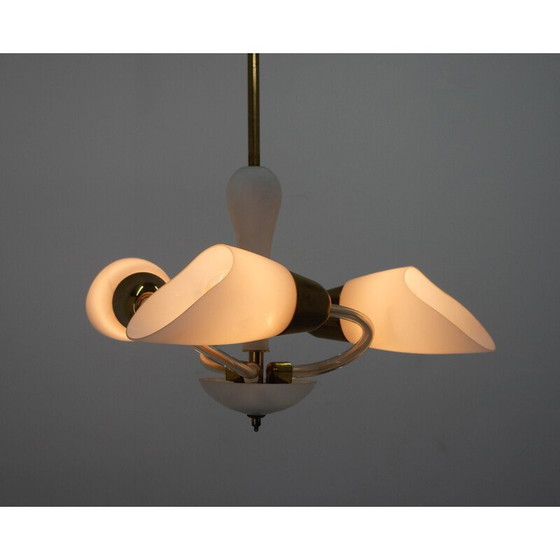 Image 1 of Vintage glass and brass chandelier with 3 flames, Czechoslovakia 1950