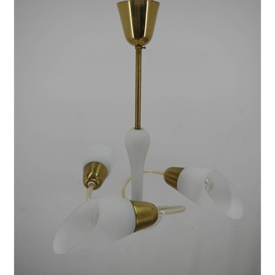Image 1 of Vintage glass and brass chandelier with 3 flames, Czechoslovakia 1950