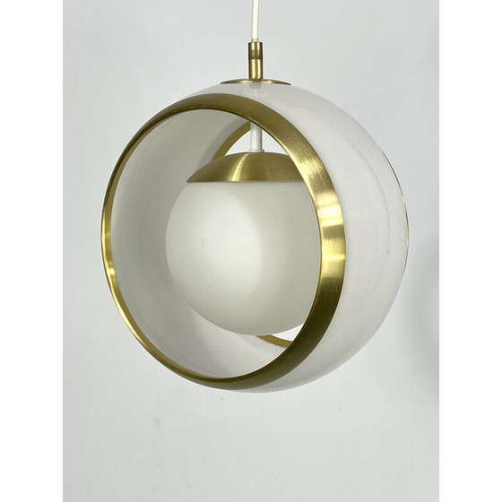 Image 1 of Vintage gilded aluminum, opaline and perspex pendant lamp by Stilux Milano, Italy 1960s