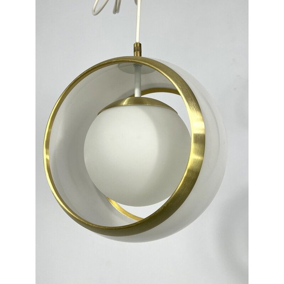Image 1 of Vintage gilded aluminum, opaline and perspex pendant lamp by Stilux Milano, Italy 1960s
