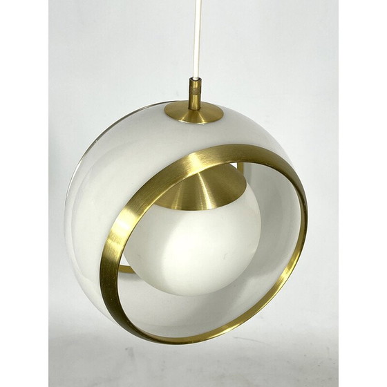 Image 1 of Vintage gilded aluminum, opaline and perspex pendant lamp by Stilux Milano, Italy 1960s
