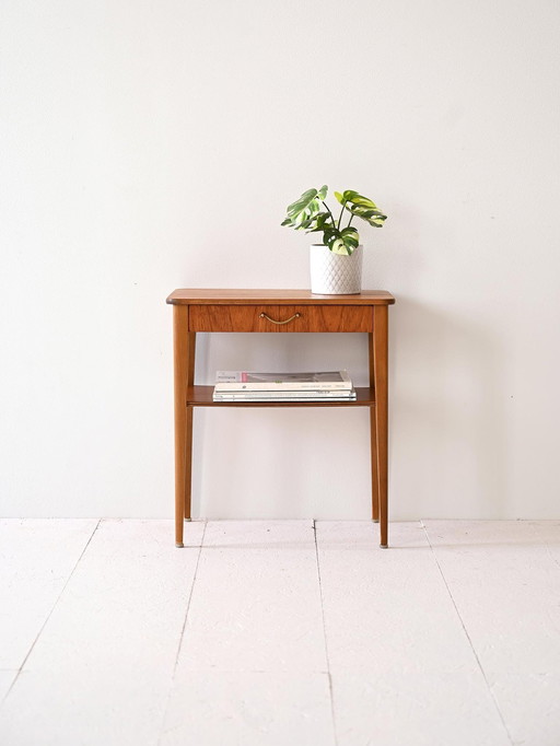 1960S Retro Teak Nightstand With Metal Handle And Magazine Rack – Vintage Scandinavian Design