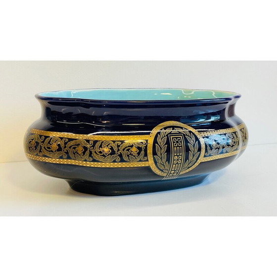 Image 1 of Vintage blue glazed ceramic planter, France