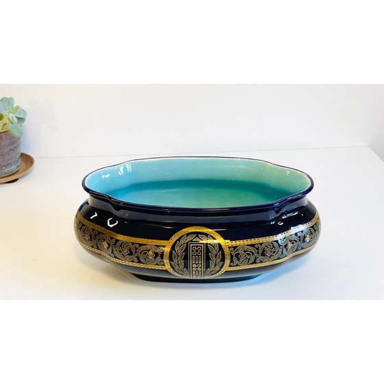 Image 1 of Vintage blue glazed ceramic planter, France
