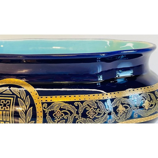 Jardinera vintage de cerámica esmaltada azul, Francia