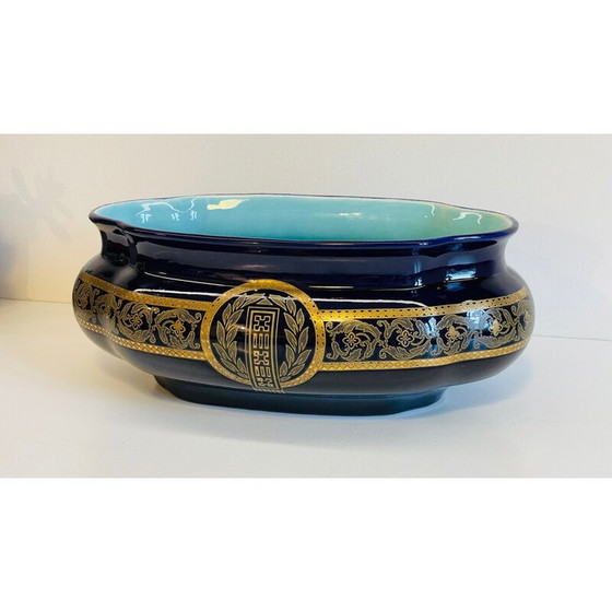 Image 1 of Vintage blue glazed ceramic planter, France