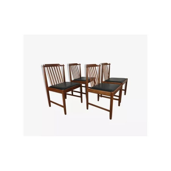 Image 1 of Set of 4 vintage Scandinavian teak and black leatherette chairs, 1960s