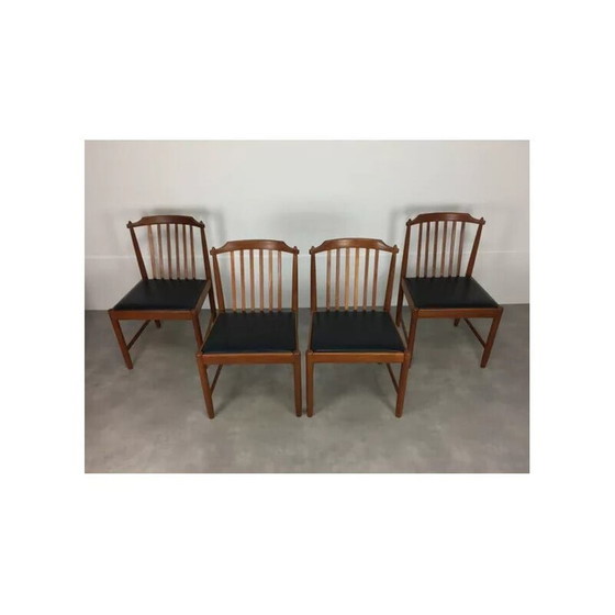Image 1 of Set of 4 vintage Scandinavian teak and black leatherette chairs, 1960s
