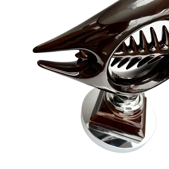 Image 1 of Lampe de table vintage à chevrons en céramique et chrome