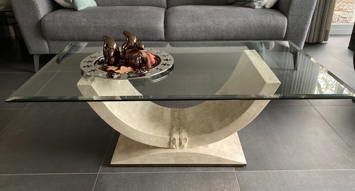 Travertine Coffee Table With Polished Glass Plate