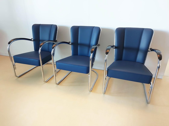 Image 1 of Gebr. van der Stroom Dutch Originals model Gispen 412S Armchair In Blue Leather (3 available)