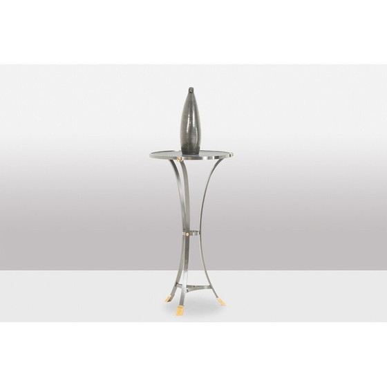 Image 1 of Vintage “Canabas” pedestal table in patinated leather and steel, France