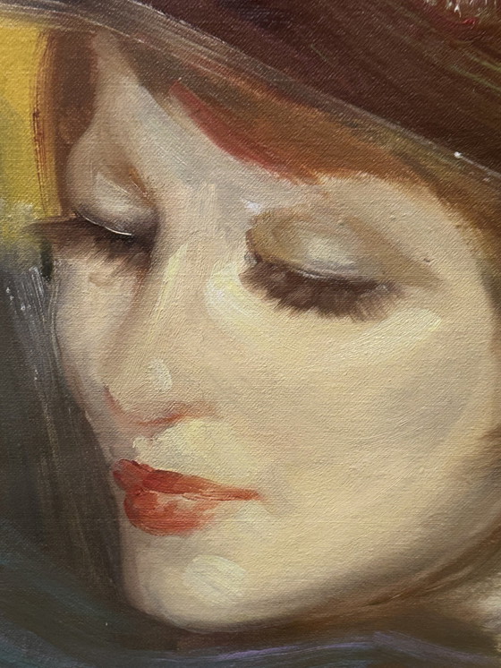 Image 1 of Beautiful Original Painting Of Beautiful Lady With Hat