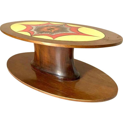 Vintage oval coffee table in curved solid walnut, Italy 1960