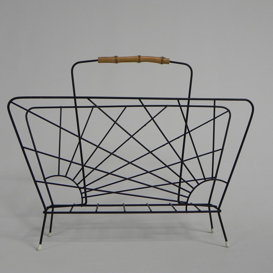 Image 1 of Steel Wire Newspaper Rack With Bamboo Handle, 1950s