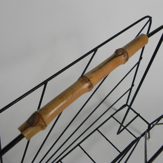 Image 1 of Steel Wire Newspaper Rack With Bamboo Handle, 1950s