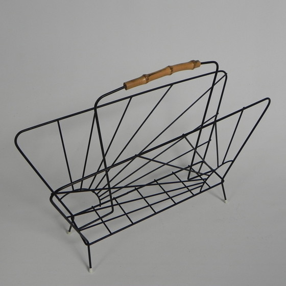 Image 1 of Steel Wire Newspaper Rack With Bamboo Handle, 1950s