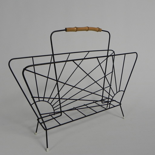 Steel Wire Newspaper Rack With Bamboo Handle, 1950s