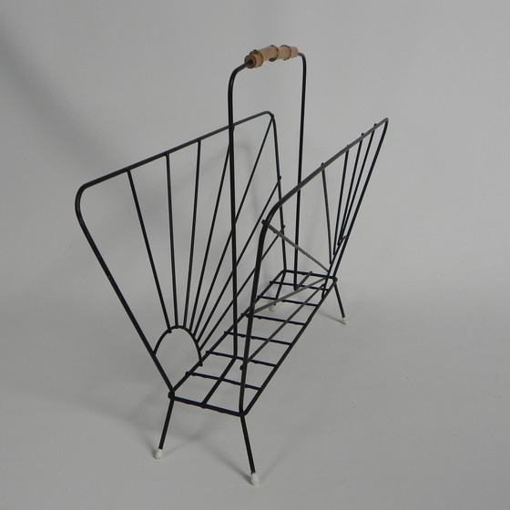 Image 1 of Steel Wire Newspaper Rack With Bamboo Handle, 1950s