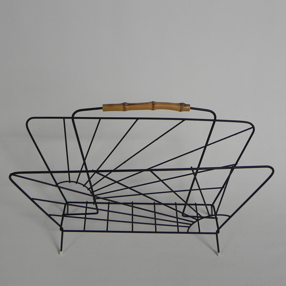 Image 1 of Steel Wire Newspaper Rack With Bamboo Handle, 1950s