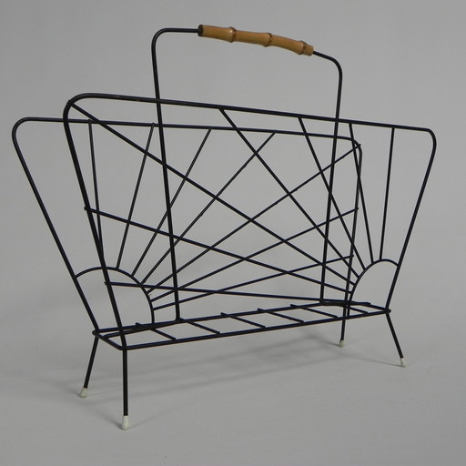 Steel Wire Newspaper Rack With Bamboo Handle, 1950s