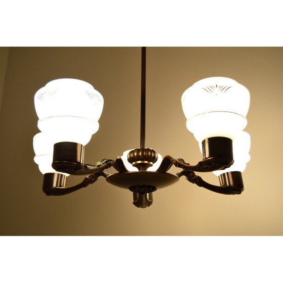 Image 1 of Lampadario vintage Art Déco in vetro e rame, Germania anni '30