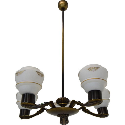 Art deco vintage glass and copper chandelier, Germany 1930s