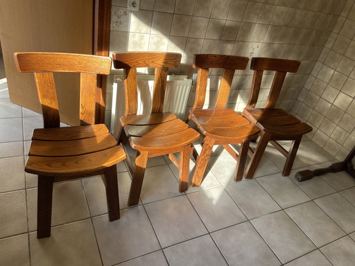 4x Brutalist Solid Oak Chairs Dining Chairs