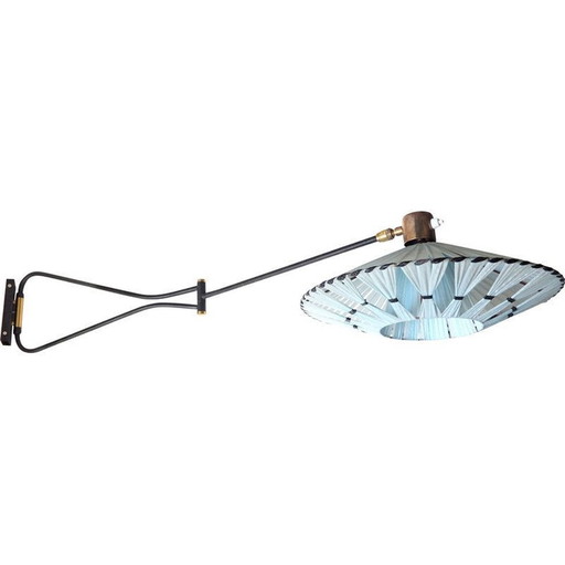 Vintage brass and black metal wall lamp by René Mathieu for Lunel, France 1950