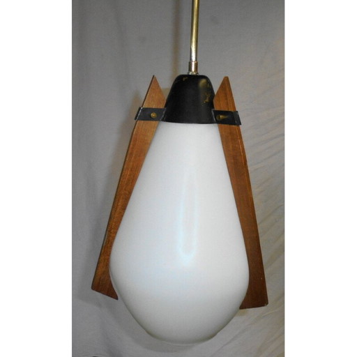 Vintage brass and teak hanging lamp, Italian 1970s