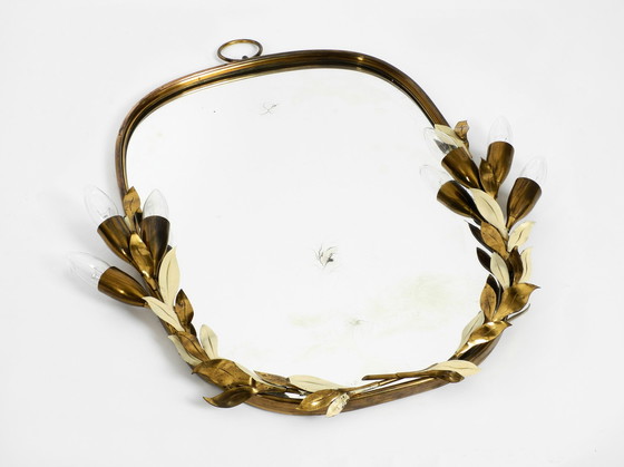 Image 1 of Large and heavy Mid Century floral brass mirror with lamps by Vereinigte Werkstätten